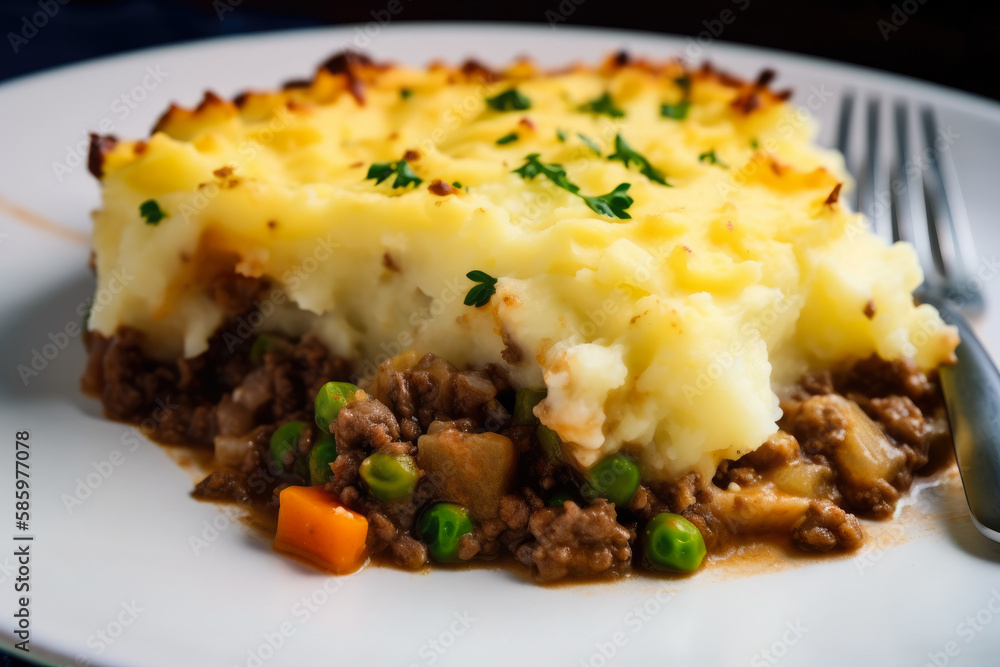 Close-up of a slice of Shepherd's pie on a plate, showing off the contrasting colors and textures of the flavorful filling and creamy mashed potato topping, generative ai Close-up of a slice of Shepherd's pie on a plate, showing off the contrasting colors and textures of the flavorful filling and creamy mashed potato topping, generative ai