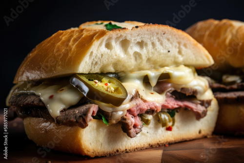 Close-up of a spicy roast beef sandwich with jalapeño peppers, pepper jack cheese, and chipotle mayo, generative ai