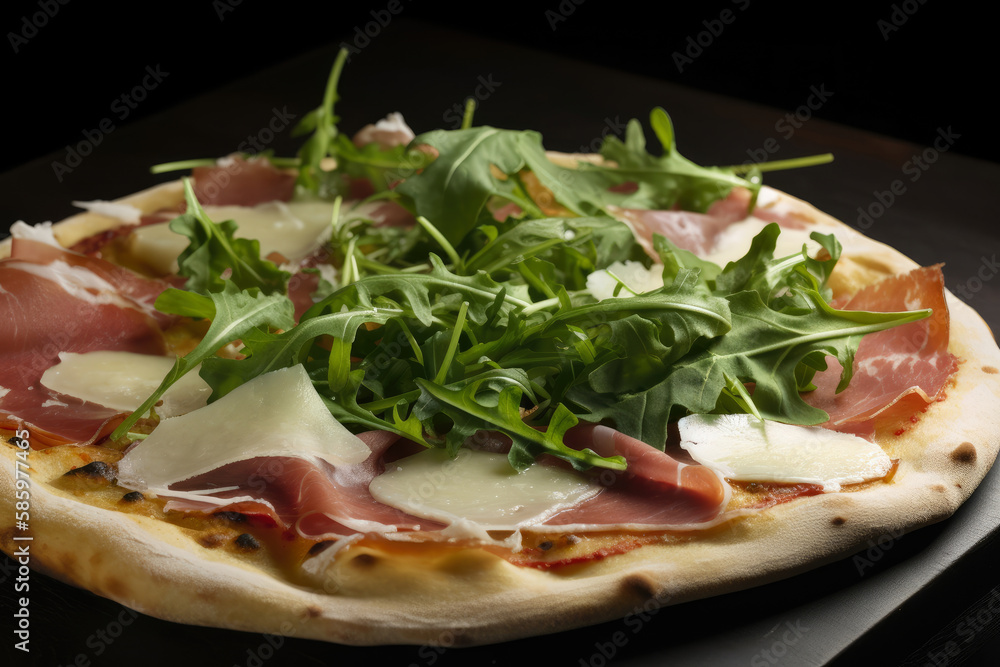 Close-up of a pizza with prosciutto, arugula, and shaved parmesan cheese on a slate board, generative ai