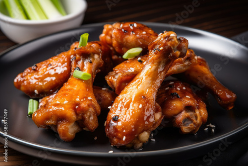 Close-up of a plate of crispy chicken teriyaki wings, hot and fresh out of the oven, served with a side of dipping sauce and crunchy celery sticks, generative ai