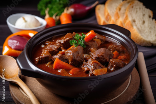 close-up of a piping hot goulash with tender chunks of beef, carrots, and onions, served in a white ceramic bowl with a slice of crusty bread on the side, generative ai