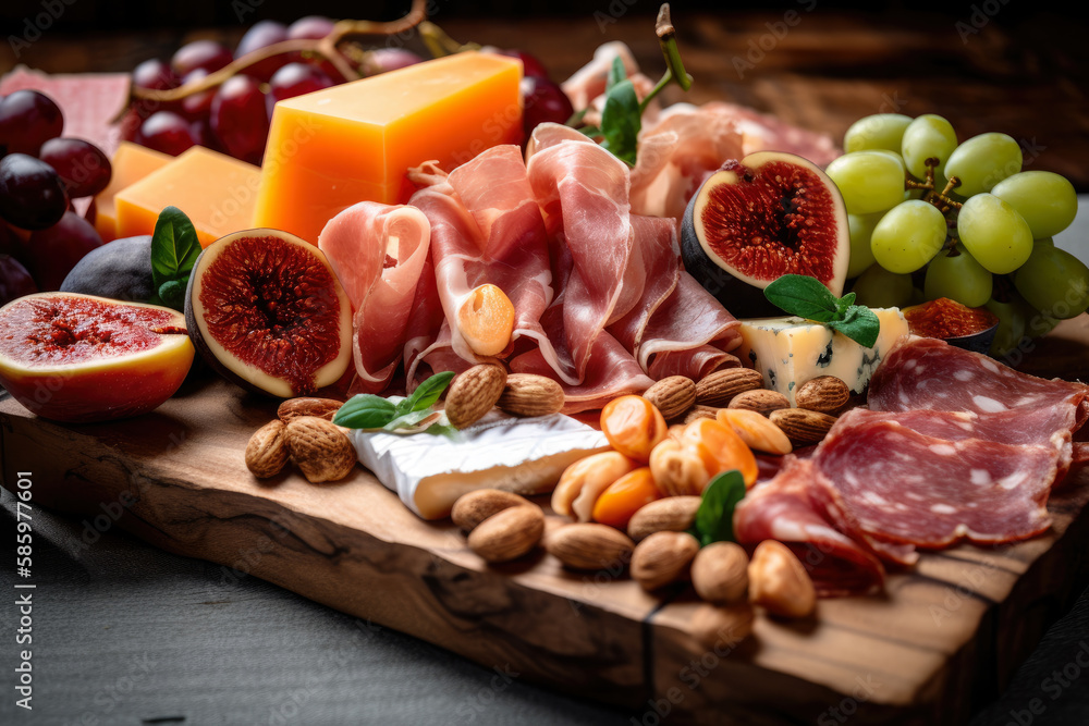 Close-up of a mouth-watering prosciutto wrapped melon on a Charcuterie board with other cured meats, cheese, fruits, and nuts, generative ai