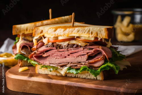 Close-up of a Mouthwatering Club Sandwich with Roasted Beef, Swiss Cheese, and Thousand Island Dressing on a Soft Ciabatta Bread, generative ai