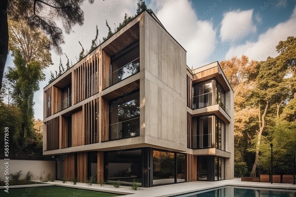 Fototapeta premium Contemporary villa with concrete and wood in a lush tropical garden, generative ai