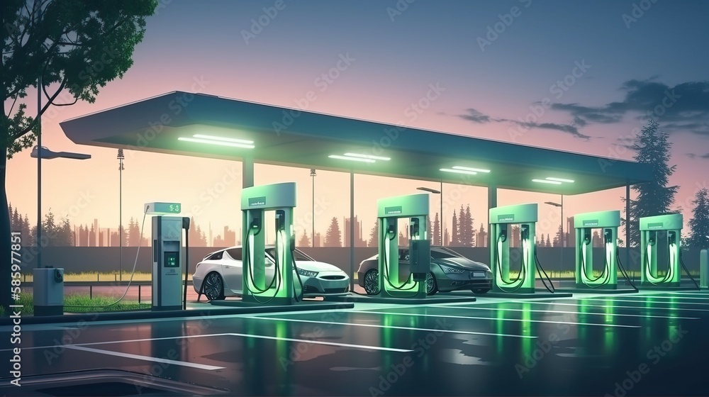 Electric car in charging station, generative ai