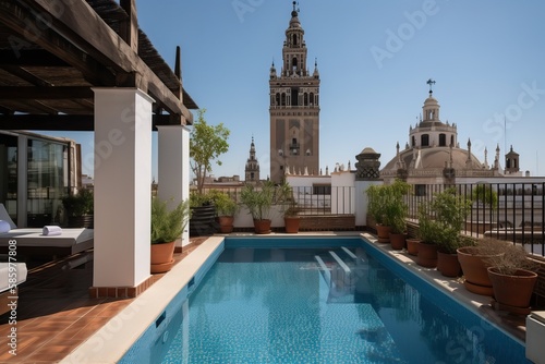 Amazing penthouse terrace with a swimming pool overlooking Seville, generative AI