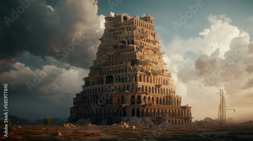 Fototapeta Biblical ancient Babel tower, old testament, generative ai