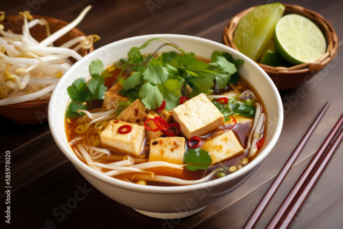 Close-up of a garnished bowl of vegetarian Pho with tofu, bean sprouts, and fresh herbs, served with lime wedges and chili sauce, generative ai