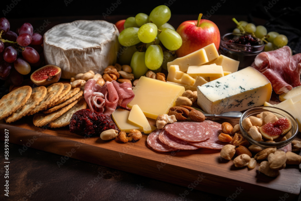 Close-up of a Charcuterie Board with a mix of soft and hard cheeses, crackers, fresh and dried fruits, and nuts on a wooden platter, generative ai