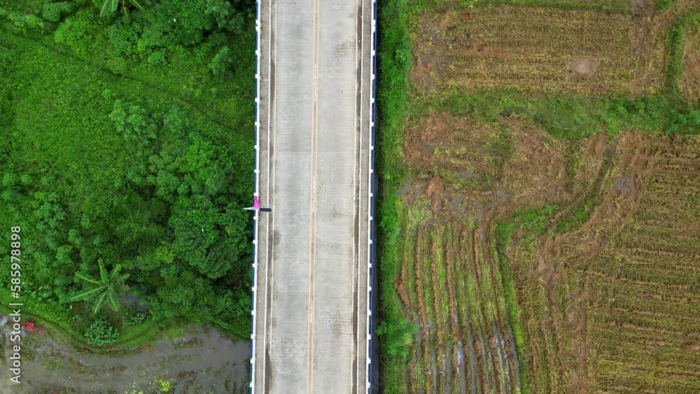 Birdseye view of mopeds driving on bridge above wetland agriculture fields Birdseye view of mopeds driving on bridge above wetland agriculture fields