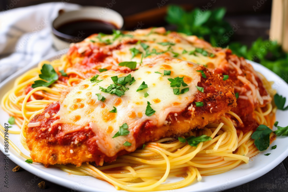 Chicken Parmesan with spaghetti marinara on a white plate, garnished with fresh parsley and lemon wedges, generative ai Chicken Parmesan with spaghetti marinara on a white plate, garnished with fresh parsley and lemon wedges, generative ai