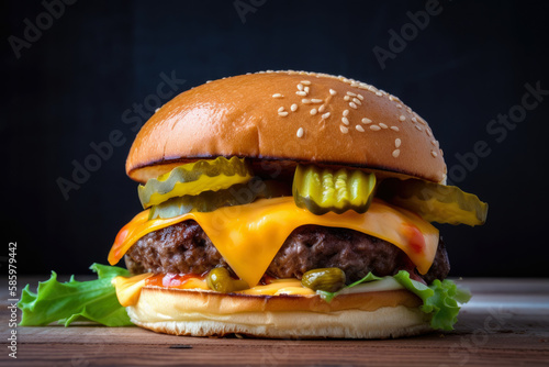 Classic cheeseburger with a juicy patty  gooey American cheese  and tangy dill pickles  generative ai