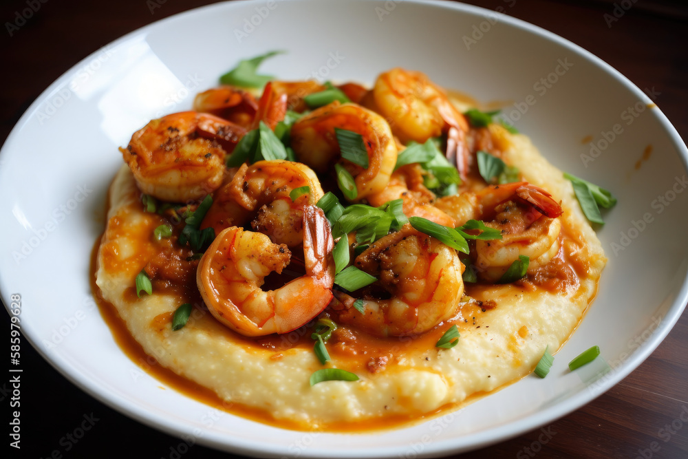Buttery and Cheesy Shrimp and Grits with a Dash of Paprika, generative ai Buttery and Cheesy Shrimp and Grits with a Dash of Paprika, generative ai