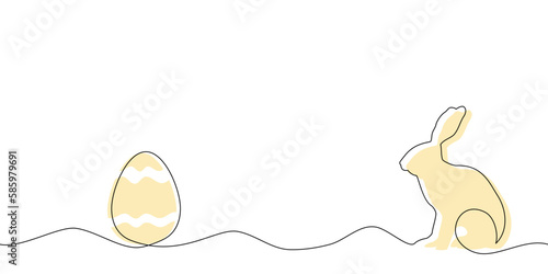 Zajączek wielkanocny rysowany jedną ciągłą linią. Zając i jajko wielkanocne w kolorze żółty. Tło na świąteczne banery. Sylwetka uroczego królika w prostym minimalistycznym stylu. Ilustracja wektorowa.