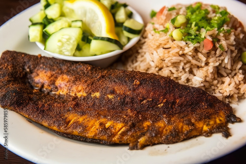 Blackened catfish with a side of dirty rice and a refreshing cucumber salad, generative ai
