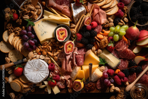 Artistic close-up of a charcuterie board with a selection of sliced meats, cheeses, fruits, and nuts, arranged in a unique and visually stunning way, generative ai