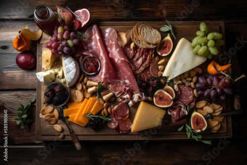 Artistic arrangement of a charcuterie board with an assortment of cured meats, cheeses, fruits, and nuts on a rustic wooden board, generative ai