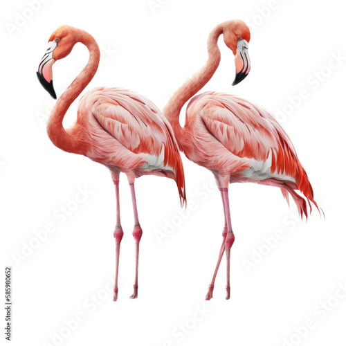a summer-themed illustration featuring two majestic isolated pink flamingo birds set on a transparent background and provided in PNG. Generative AI © Purple Penguin GFX