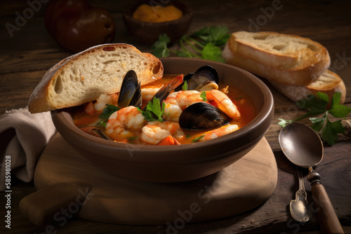 visual feast of a hearty Bouillabaisse soup, served in an elegant bowl with crusty bread, showcasing the best seafood ingredients of the Mediterranean cuisine, generative ai