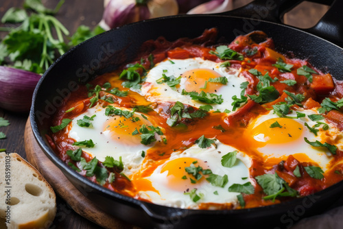 Vibrant Shakshuka with Soft Poached Eggs and Fresh Herbs, generative ai
