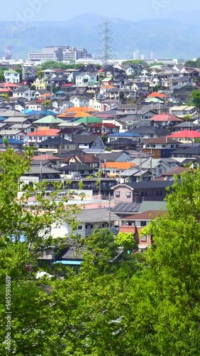 新緑の春の住宅街遠景の縦動画