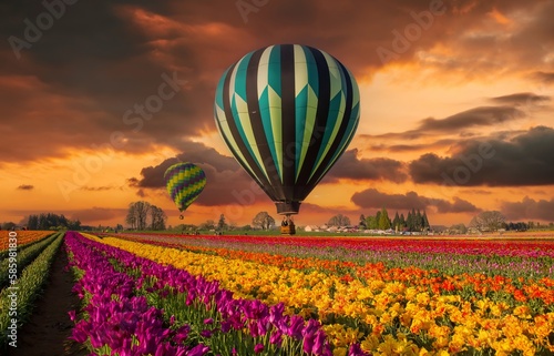 Two yellow and green hot air balloons over tulip fiels in bloom near Woodburn, Oregon #585981830