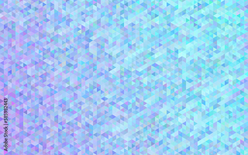 Geometric pixelated mosaic of triangles in a hexagonal Deltille grid arrangement, colored with an iridescent gradient from light purple to cyan blue, with some randomisation. Creative coding design.