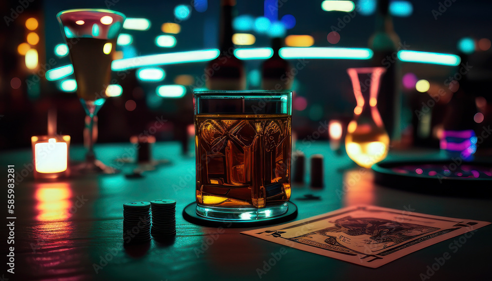 Glass of whiskey with poker chips on the table with city lights in the background. Generative AI