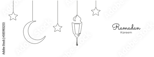 Ramadan kareem in one continuous line drawing. Islamic decoration with lanter, star and moon in simple linear style. Arabic religious holiday celebration. Editable stroke. Contour vector illustration