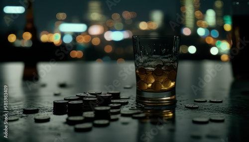 Whiskey glass with poker chips on table with blurred background. Generative AI