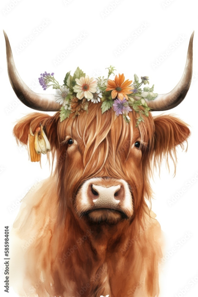 Watercolor Scottish highland cow with flowers Generative AI Watercolor Scottish highland cow with flowers Generative AI