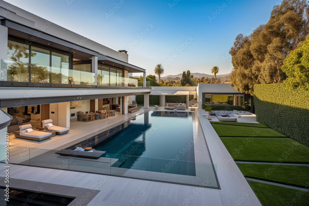Fototapeta premium Villa in Beverly Hills, California. Holiday Rentals Los Angeles, luxyry villa with swimming pool in Beverly Hills. Modern apartment buildings, Facade exterior design. Ai generative illustration.