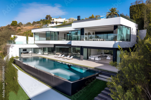 Villa in Beverly Hills, California. Holiday Rentals Los Angeles, luxyry villa with swimming pool in Beverly Hills. Modern apartment buildings, Facade exterior design. Ai generative illustration.