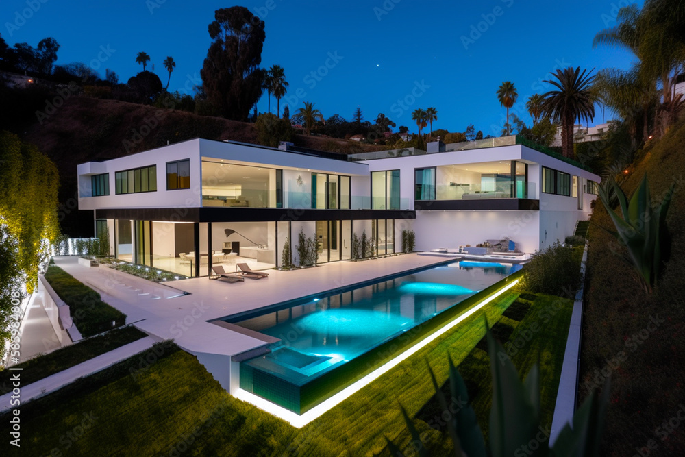 Villa in Beverly Hills, California. Holiday Rentals Los Angeles, luxyry villa with swimming pool in Beverly Hills. Modern apartment buildings, Facade exterior design. Ai generative illustration.