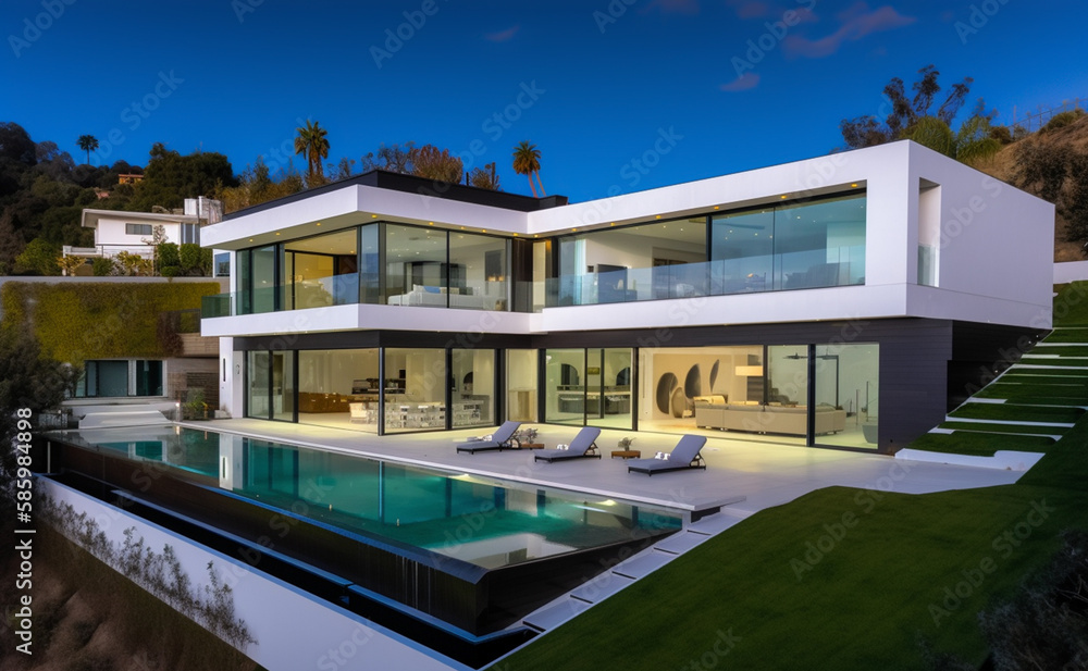 Fototapeta premium Villa in Beverly Hills, California. Holiday Rentals Los Angeles, luxyry villa with swimming pool in Beverly Hills. Modern apartment buildings, Facade exterior design. Ai generative illustration.