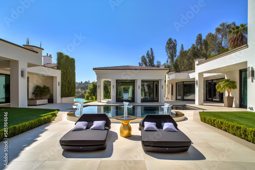 Villa in Beverly Hills, California. Holiday Rentals Los Angeles, luxyry villa with swimming pool in Beverly Hills. Modern apartment buildings, Facade exterior design. Ai generative illustration.