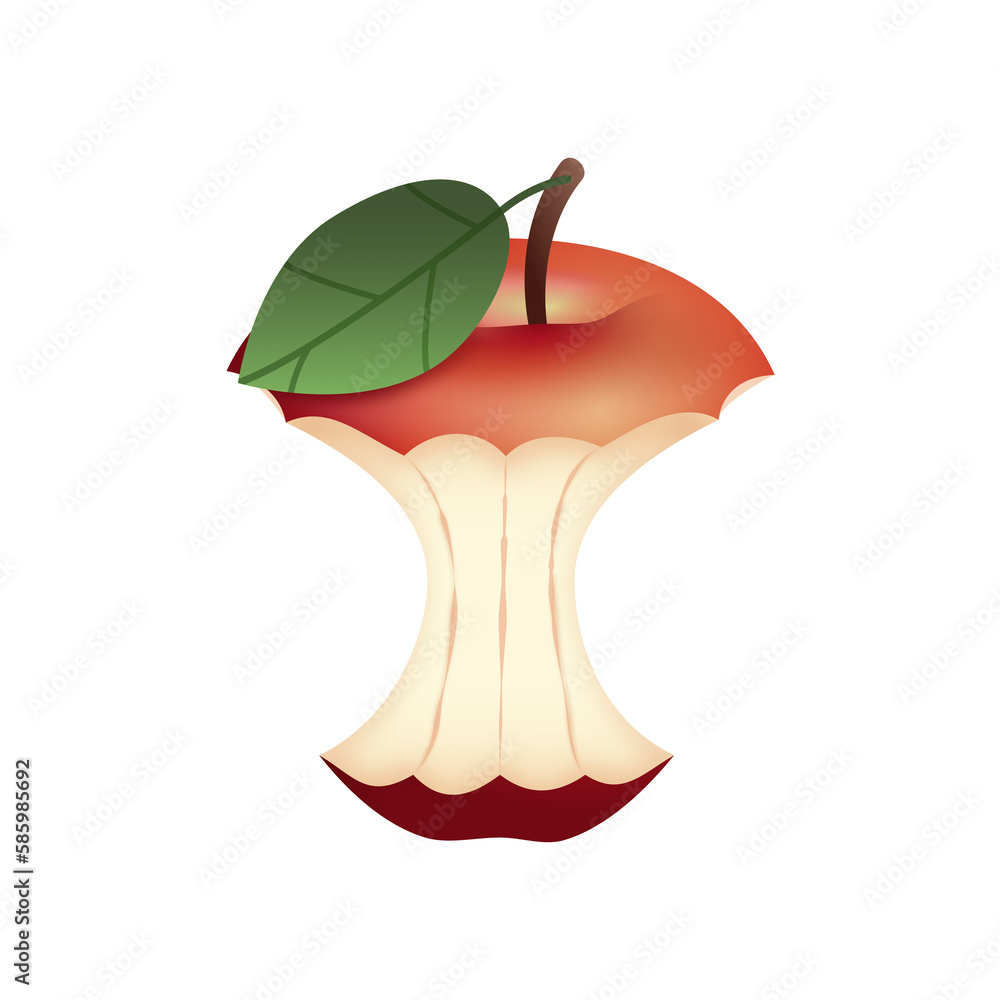 Jabłko - ogryzek. Ilustracja czerwonego ogryzionego jabłka z zielonym listkiem. - obrazy, fototapety, plakaty 