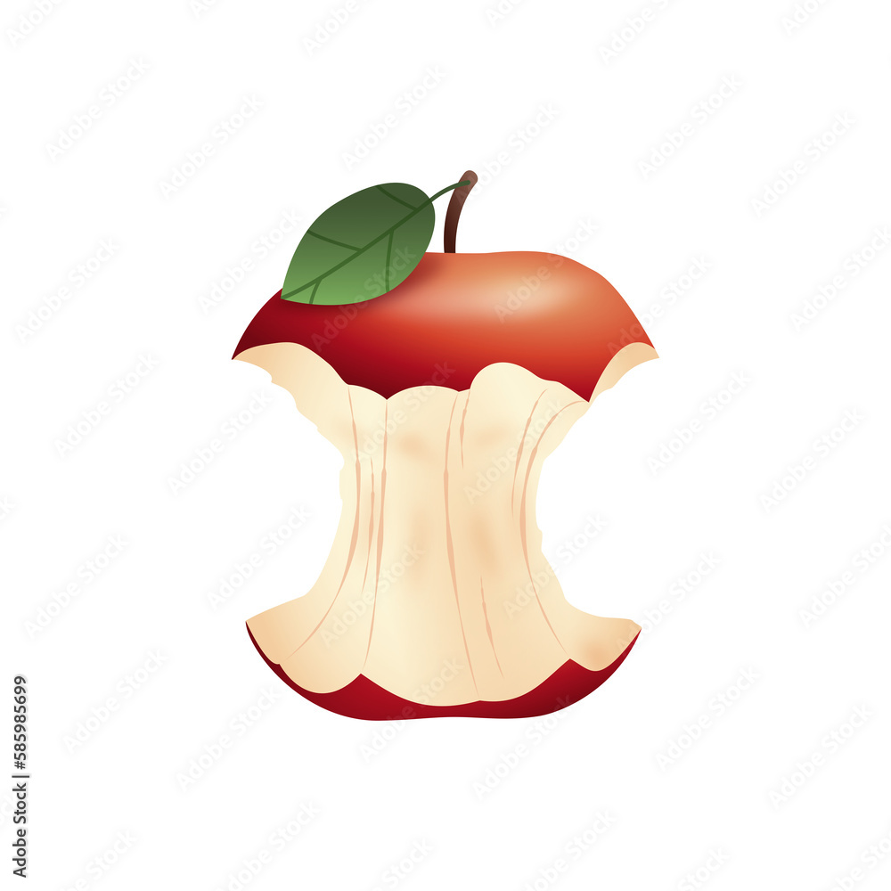 Jabłko - ogryzek. Ilustracja czerwonego ogryzionego jabłka z zielonym listkiem. - obrazy, fototapety, plakaty 