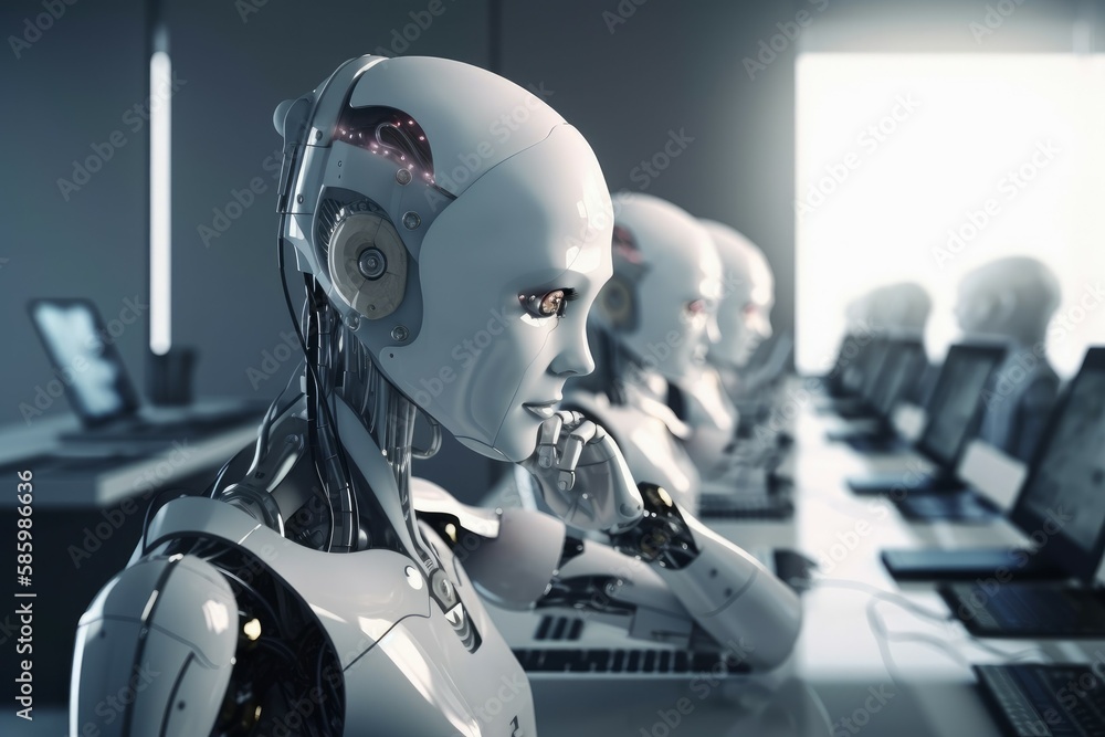 Robot in the office at work. Business concept. AI generated, human enhanced. Robot in the office at work. Business concept. AI generated, human enhanced.
