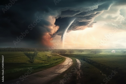 Tornado In Stormy Landscape. Hurricane wind. Climate Change And Natural Disaster Concept. AI generated, human enhanced © top images