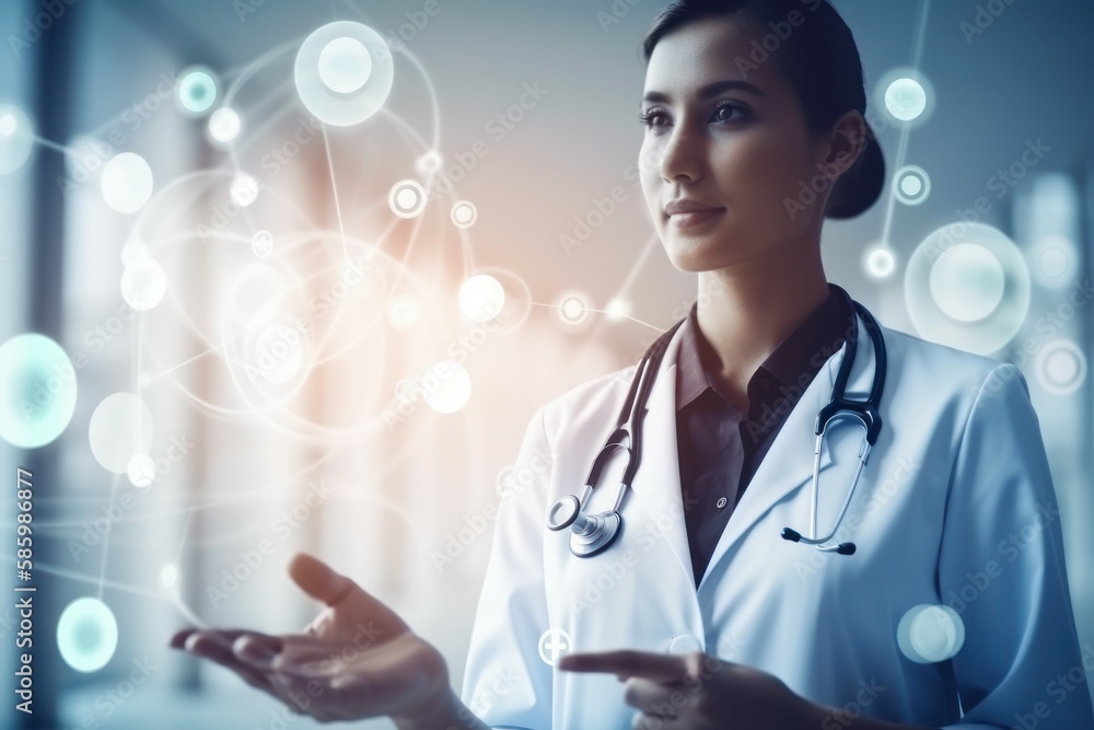 Woman doctor in a virtual analytical data center of futuristic medicine. AI generated, human enhanced Woman doctor in a virtual analytical data center of futuristic medicine. AI generated, human enhanced