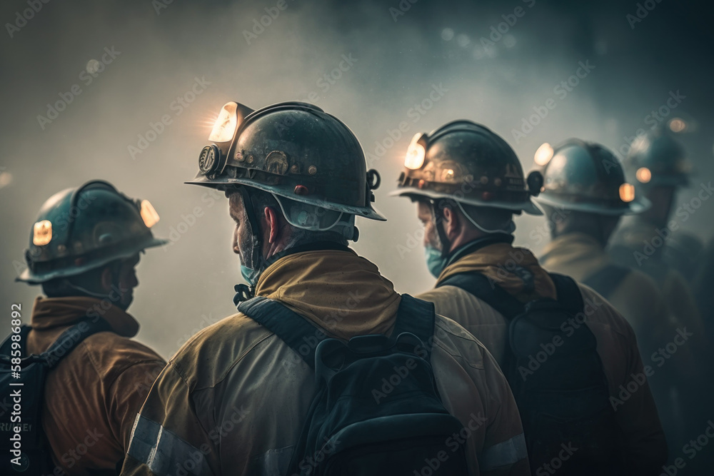 Crowd or group of miners in helmets, back view. AI generated, human enhanced