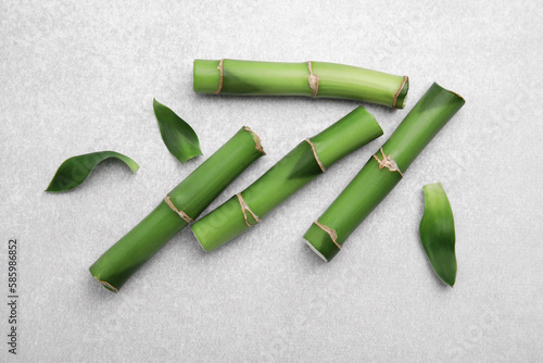 Pieces of beautiful green bamboo stems on light table  flat lay