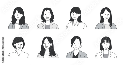 スーツを着た女性のモノクロアイコンセット