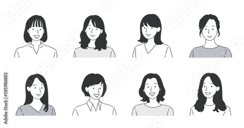 笑顔の女性のシンプルモノクロアイコンセット