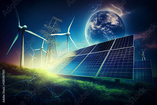 Solar panel and Wind Turbine concept. Solar energy from solar panels. Photovoltaic, alternative source of Solar electricity. Renewable energy, green energy, wind turbines, Ai Generative illustration. photo