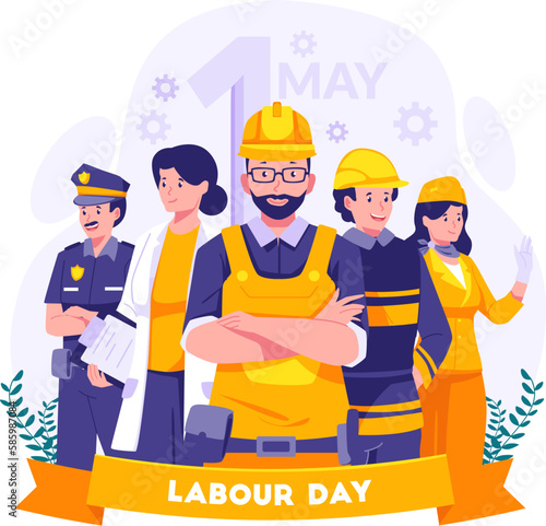 Labour Day On 1st May. A Group of Different kinds of workers. A Construction worker, Policeman, Fireman, and Female worker. Vector Illustration