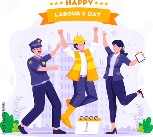 Labor workers are having fun jumping together happily. Worker, Policeman, and Female Teacher celebrating Labour day on 1st May