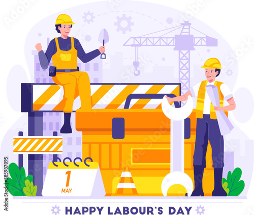 Happy Labour Day. Construction workers are holding the tools. Workers Day. Vector Illustration