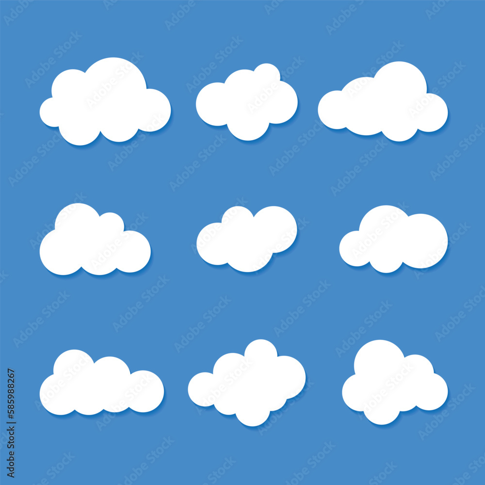 vector set of white clouds with gradient shadows and blue background